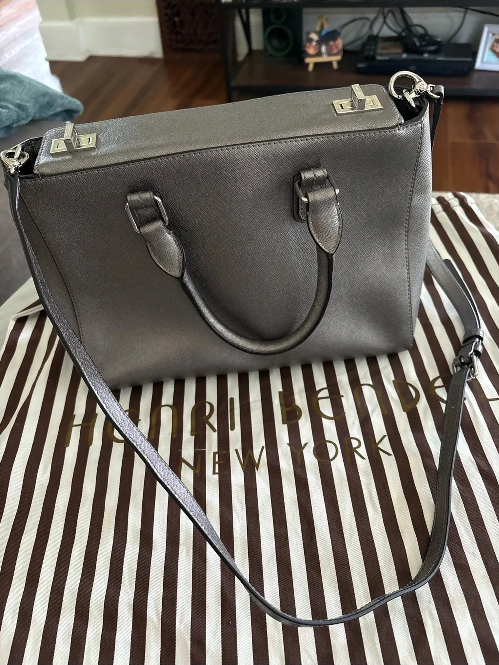 henri bendel Metallic Gray Leather Satchel with Logo Charm